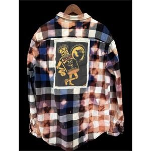 Distressed Upcycled Grunge Flannel Bleach Dye Jinx Patch Folk Art Shirt XL